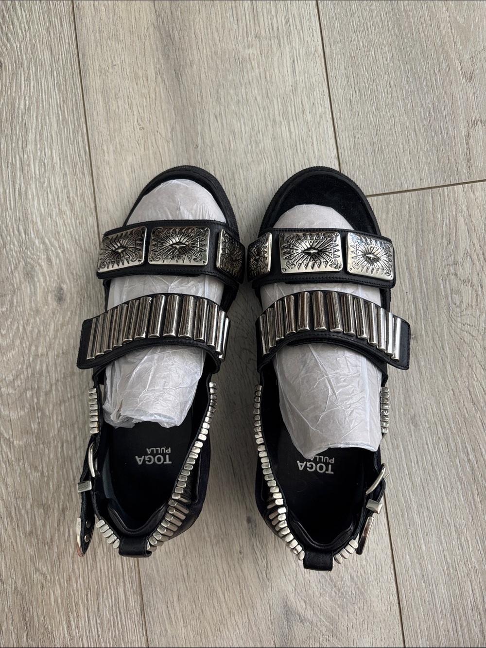TOGA Pulla Black Sandals with Silver-Tone Stud and Plate Accents